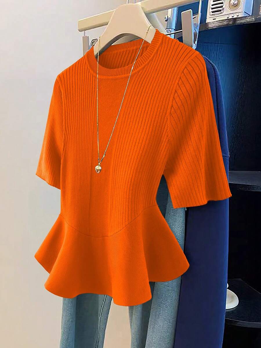 GlowEve CURVE Plus Size Women Elegant Solid Color Short Sleeve Peplum Hem Ribbed Knit Top - Orange - View 1