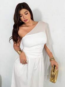 Firerie Plus Size Women Summer Casual Elegant Vacation Daily Fashion Versatile Asymmetric Neck Mesh Patchwork Asymmetrical Tie Fitted Top - White - View 1