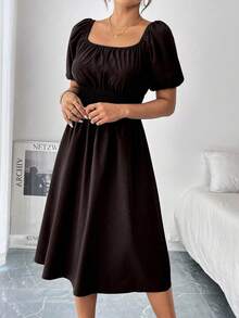 EMERY ROSE 女式绿色方领泡泡袖褶皱收腰连衣裙，春夏 - 咖啡 - 查看 5