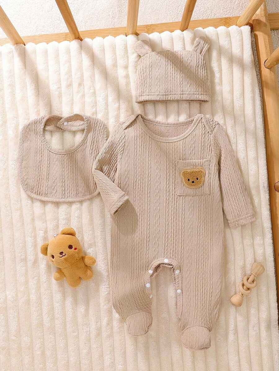 Bộ 3 bộ đồ liền thân dài tay, yếm và mũ cho trẻ sơ sinh, vải dệt kim Jacquard thêu hình chú gấu dễ thương - Màu be - Xem 1