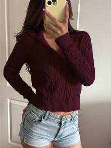 Sunnyshic 女士休闲抽绳长袖针织衫，浅黄色，秋冬款 - 酒紅色 - 查看 4