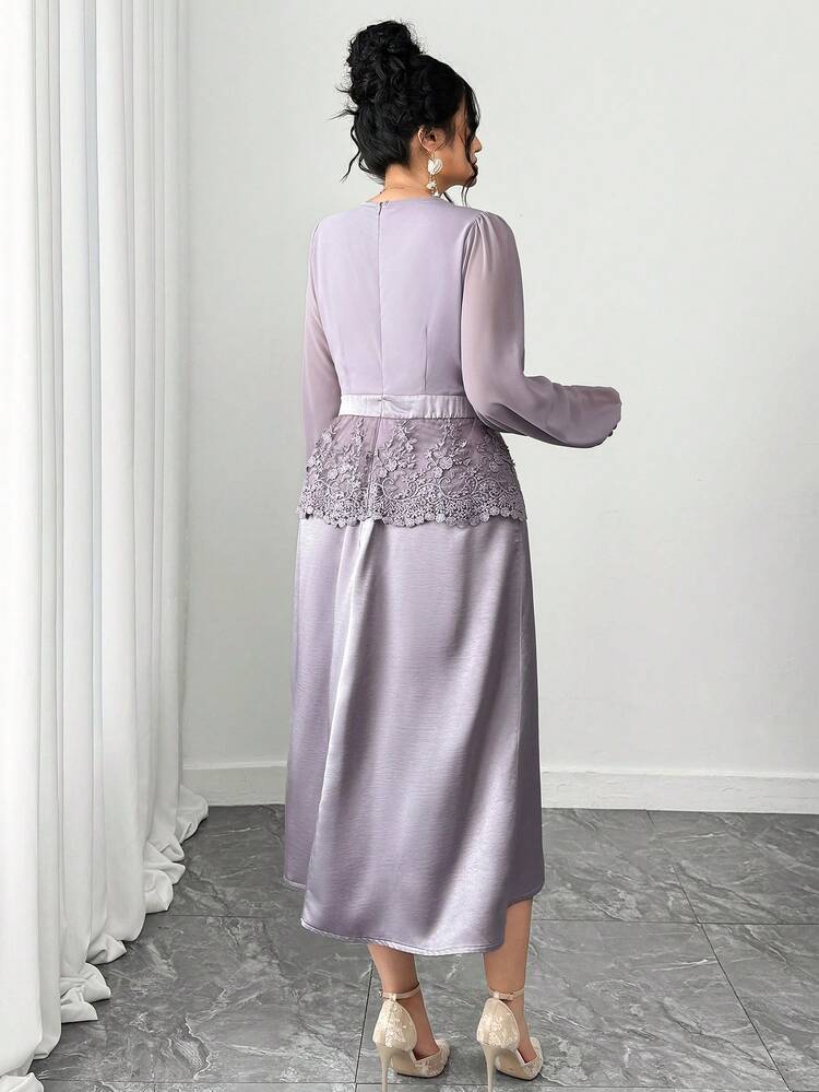 Dazy Plus Valentine Plus Size Women Elegant Contrast Lace V-Neck Chiffon Long Dress, Suitable For Party, Date, Banquet Dress