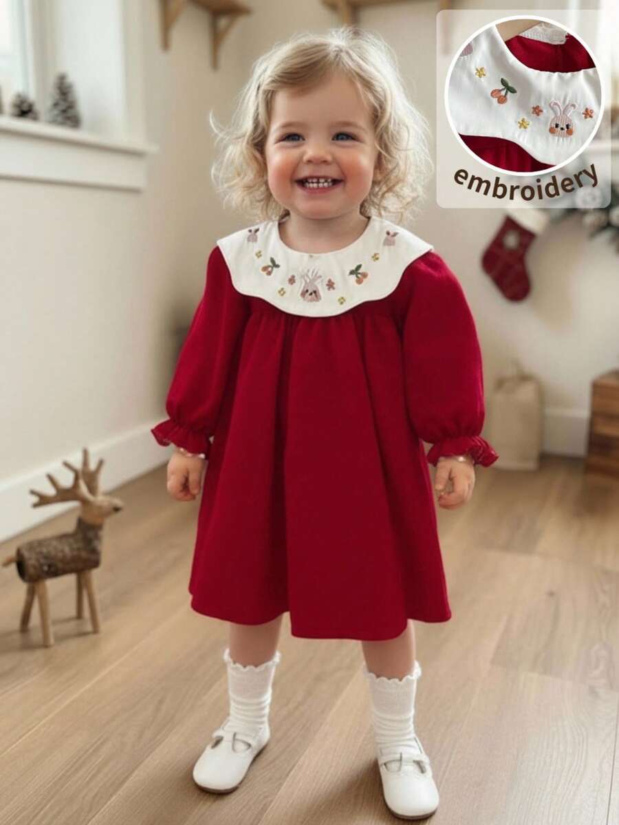 SHEIN LMoss Kids Baby Mädchen Französisch elegantes Kleid mit Kaninchen-Stickerei und Farbblockdesign am Kragen, Langarm - Rot - Übersicht 1