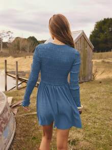 Aralina Gaun Mini Kasual Wanita Warna Polos Leher Bulat Lengan Panjang Berlipit - Dusty Blue - View 3