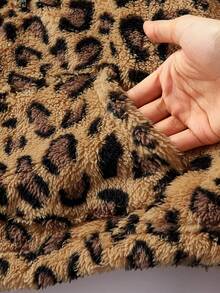 SHEIN Serisse Kids 少女休闲豹纹双面抓绒立领半拉链贴袋宽松长袖卫衣，秋冬款 - 卡其色 - 查看 6