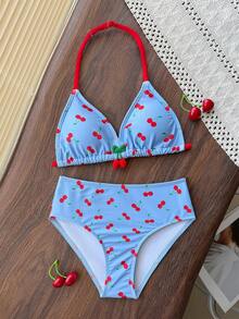 少女吊带三角樱桃印花夏季比基尼泳衣 - 霧霾藍 - 查看 4