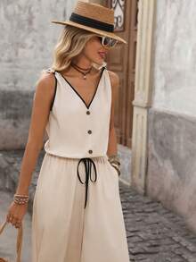 Brillora Bộ đồ liền thân thường ngày cho nữ, cổ chữ V, thắt nơ, túi trước, họa tiết tương phản, thích hợp cho kỳ nghỉ - Màu be - Xem 5