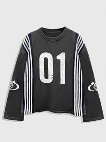 ROMWE MEN Men's Casual Numeric & Striped Print Round Neck Long Sleeve T-Shirt - Multicolor - View 1