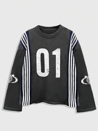Men's Casual Numeric & Striped Print Round Neck Long Sleeve T-Shirt