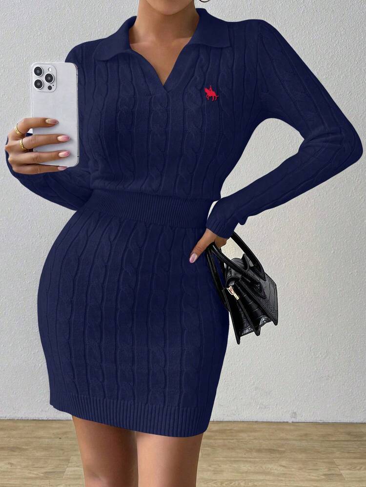 EMERY ROSE Pony Logo White Cable Knit Sweater, Embroidered Polo Collar Top, Fitted Sexy Dress For Women - Royal Blue - View 1