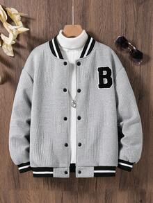 SHEIN Vacaura Tween Boy Casual Textured Fabric Patchwork Letter Varsity Jacket, Spring/Autumn