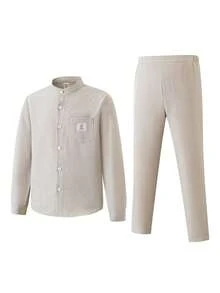 男童休闲修身衬衫两件套，胸前有贴布和口袋，搭配直筒裤，适合派对、主持、钢琴演奏会、聚会、走秀、洗礼、商务活动、生日、婚礼、毕业典礼、婚礼宾客、花童、戒指童等各种场合，四季皆宜。 - 杏色 - 查看 3