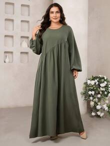 Veilorie 大码女式休闲纯色圆领长袖连衣裙 - 橄欖綠 - 查看 6