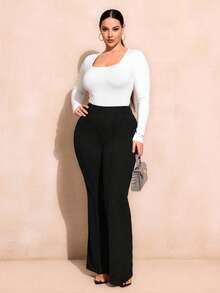 SHEIN Tall CURVE 大码纯色圆领长袖休闲紧身衣 - 白色 - 查看 5