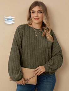 Rosumi Women Plus Size Olive Green Round Neck Ribbed Casual Long Sleeve Sweatshirt,Autumn Smart Casual Lantern Sleeve Top,Winter Clothes Christmas Shirt - Army Green - View 1