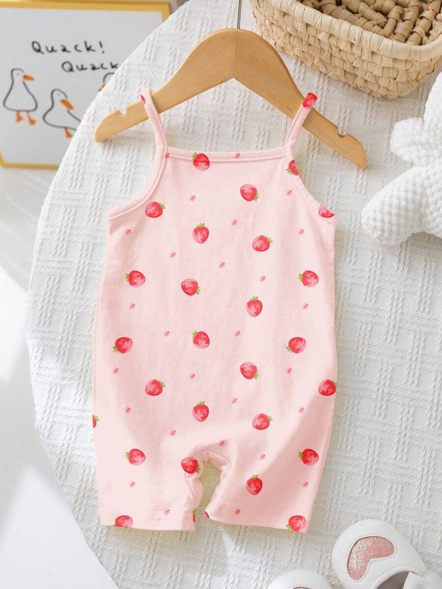 SHEIN 可爱迷你草莓花卉波尔卡圆点图案，奶油粉色，女婴休闲连体衣，适合春夏季，清凉度假 - 彩色 - 查看 1