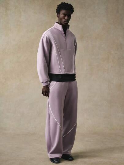 STYNVO Men's Half-Zip Contrast Color Long Sleeve Pullover Sweatshirt And Sweatpants Set Two Pieces Set, Thermal Lined Knitted Set Two Piece Set Sweatsuit Set Jogging Set