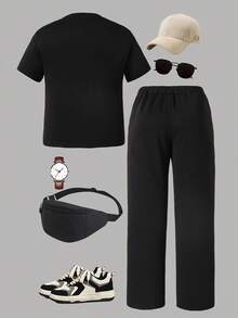 Vacaura 2er-Set Jungen Minimalistisches Crewneck Outfit – Oversize Schulter-Top mit Marken-Detail, schlichte gerade Hose, angenehmes Material für Sommer & Herbst