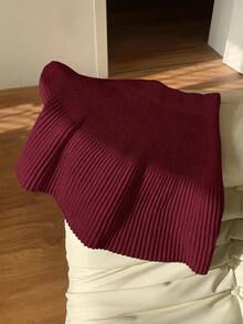 Comfortcana Saia curta feminina de malha casual cor vinho com cintura elástica, ideal para outono, inverno e Natal. - Borgonha - Ver 2