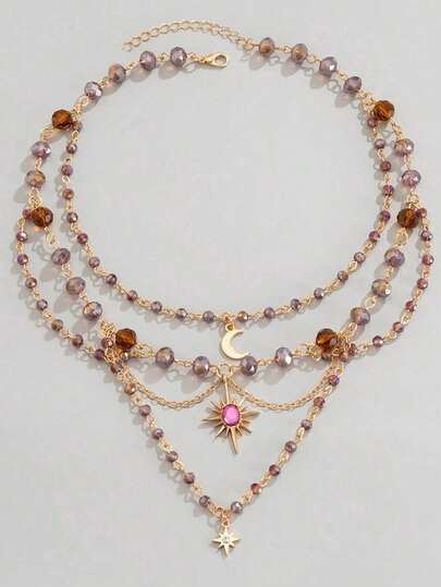 Fairycore 2pcs Punk Vintage Style Rhinestone Star Pendant Necklace, Luxury Iced Out Double Layer Star Chain Necklace, Streetwear Choker