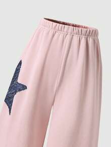 SHEIN Explorewe Conjunto de sudadera con capucha de unicolor con estampado de estrellas para niñas, otoño/invierno - Rosa - Ver 5