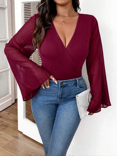 SHEIN Frenchy Plus Size Casual Black Mesh Patchwork Flare Sleeve Bodysuit