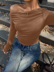 SHEIN Unity Camiseta corta ajustada con cuello asimétrico y fruncido, de unicolor, de moda de otoño - Café integral - Ver 4