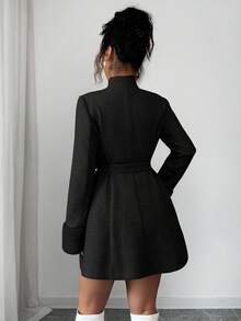 Rafferiza Fashionable French Style Loose Detachable Faux Fur Patchwork Double-Breasted Cinched Waist Waist Khaki Women Overcoat, Autumn/Winter - Black - View 2