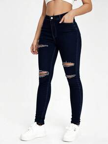 SHEIN ICON Black Slant Pocket Ripped Skinny Jeans - Dark Wash - View 6