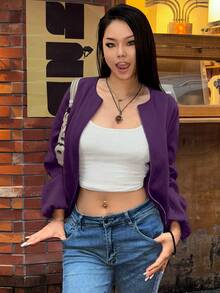 SHEIN LUNE Chaqueta corta con cremallera de unicolor simple para uso diario y casual de las mujeres - Morado - Ver 5