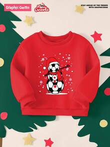 Sudadera de cuello redondo con estampado gráfico de fútbol y muñeco de nieve navideño para niños preadolescentes. Diseño de dibujos animados lindo, cómodo y cálido, adecuado para fiestas de Navidad y salidas, otoño/invierno