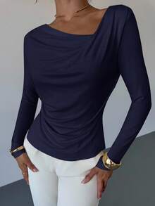 Firerie Camiseta de manga larga holgada y asimétrica para mujer, uso casual sexy y elegante, de doble uso - Azul Marino - Ver 6