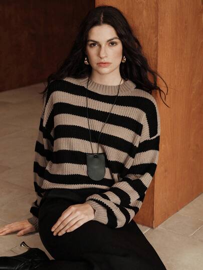 Zovinel Women's Casual Colorblock Striped Round Neck Dropped Shoulder Loose Sweater, Autumn/Winter