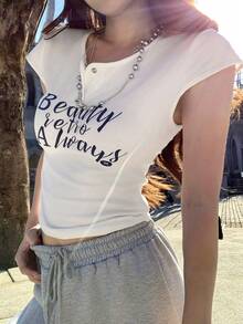 DAZY T-shirt décontracté à manches courtes, col rond, imprimé lettres, demi-zip pour femmes en été