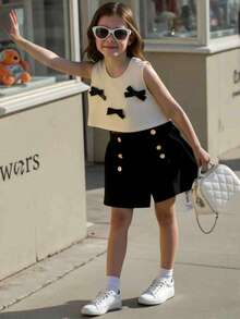 SHEIN Girls Urban Girl Shorts, Black, Chic Style, Breathable & Comfortable, Suitable For Autumn, Spring, Summer, Versatile, Fits Girls Aged 4-7, Suitable For Outings, School, Home, Travel