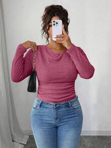 Elenzga RosyDaze Women Plus Size Vintage Asymmetric Draped Neck Textured Ruffle Trim Fitted Long Sleeve Top