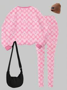 2pcs/Set Girls Christmas Snowman & Snowflake Pattern Crew Neck Sweatshirt + Leggings Set, Casual & Cute, Fashionable For Autumn & Winter - Multicolor - View 2
