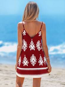 Sylviya Vestido estilo deslizador azul con estampado retro de primavera para mujer - Rojo - Ver 2