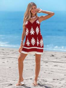 Sylviya Vestido estilo deslizador azul con estampado retro de primavera para mujer - Rojo - Ver 3