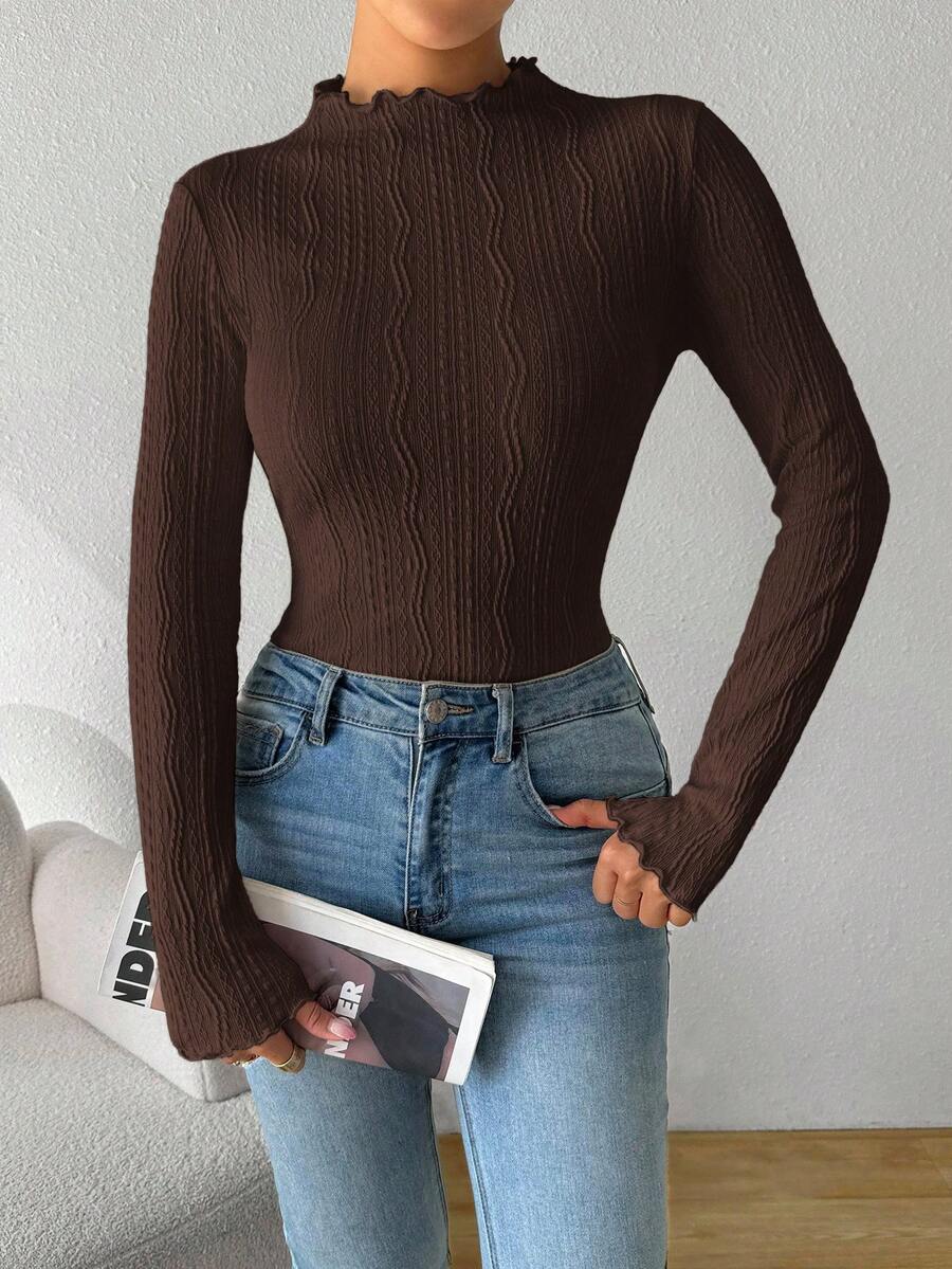 SHEIN Essnce 女士春夏秋季纯色荷叶边立领长袖修身T恤，深棕色上衣 - 咖啡棕 - 查看 1