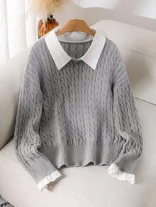 CosyJoli Plus Size Women Gray Twist Knit Sweater Collared Sweater Women Sweater Gray Sweater Cable Knit Sweater Sweater With Collar Cute Sweater In Fall/Winter