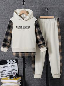 SHEIN Vacaura 2 件套大男孩休闲格子拼布连帽运动衫和抽绳运动裤套装，春/秋/冬 - 杏色 - 查看 6