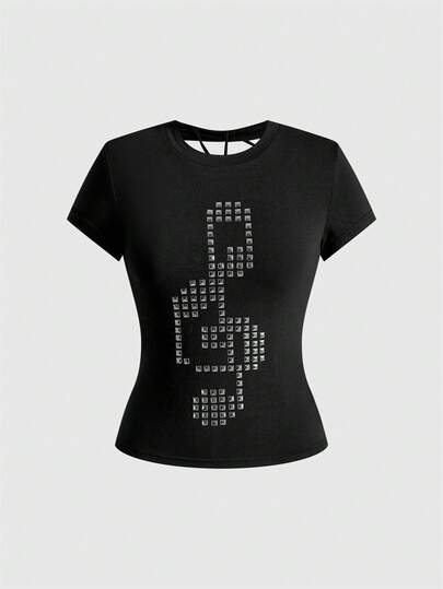 Grunge Punk Y2K Punk Kpop Music Note Rivet Design Laser Cut-Out Back Slim Fit Solid Color Versatile T-Shirt