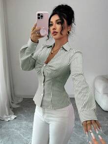 Elenzga Women's Stylish Blue Striped Shirt, Back To School Season, Autumn - Green - View 6