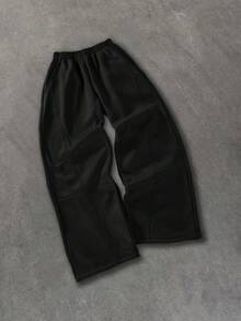 SHEIN Coolqubz 青少年休闲宽松拼接黑色直筒运动裤，百搭运动裤