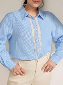 Momelise Plus Size Casual/Work Lace Patchwork Striped Shirt - Blue - View 6