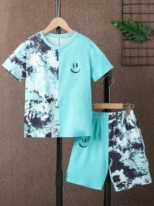 SHEIN Fantacosmos 2pcs Tween Boy Casual Cartoon Tie-Dye Print Patchwork T-Shirt And Shorts Set - Multicolor - View 5
