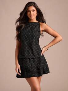 Enchnt Spring/Summer Romantic Women's Polka Dot Backless Top & Pleated Mini Skirt Set,Chic&Elegant For Party&Date&Holiday&Graduation&Going Out - Black and White - View 1