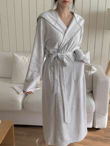 DAZY Women's Minimalist Patchwork Trim Hooded Long Robe, Autumn/Winter - Light Grey - View 1