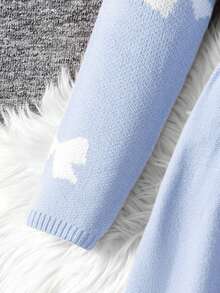 SHEIN 秋冬季少女休闲简约舒适圆领长袖蝴蝶结装饰针织毛衣连衣裙 - 淺藍色 - 查看 3